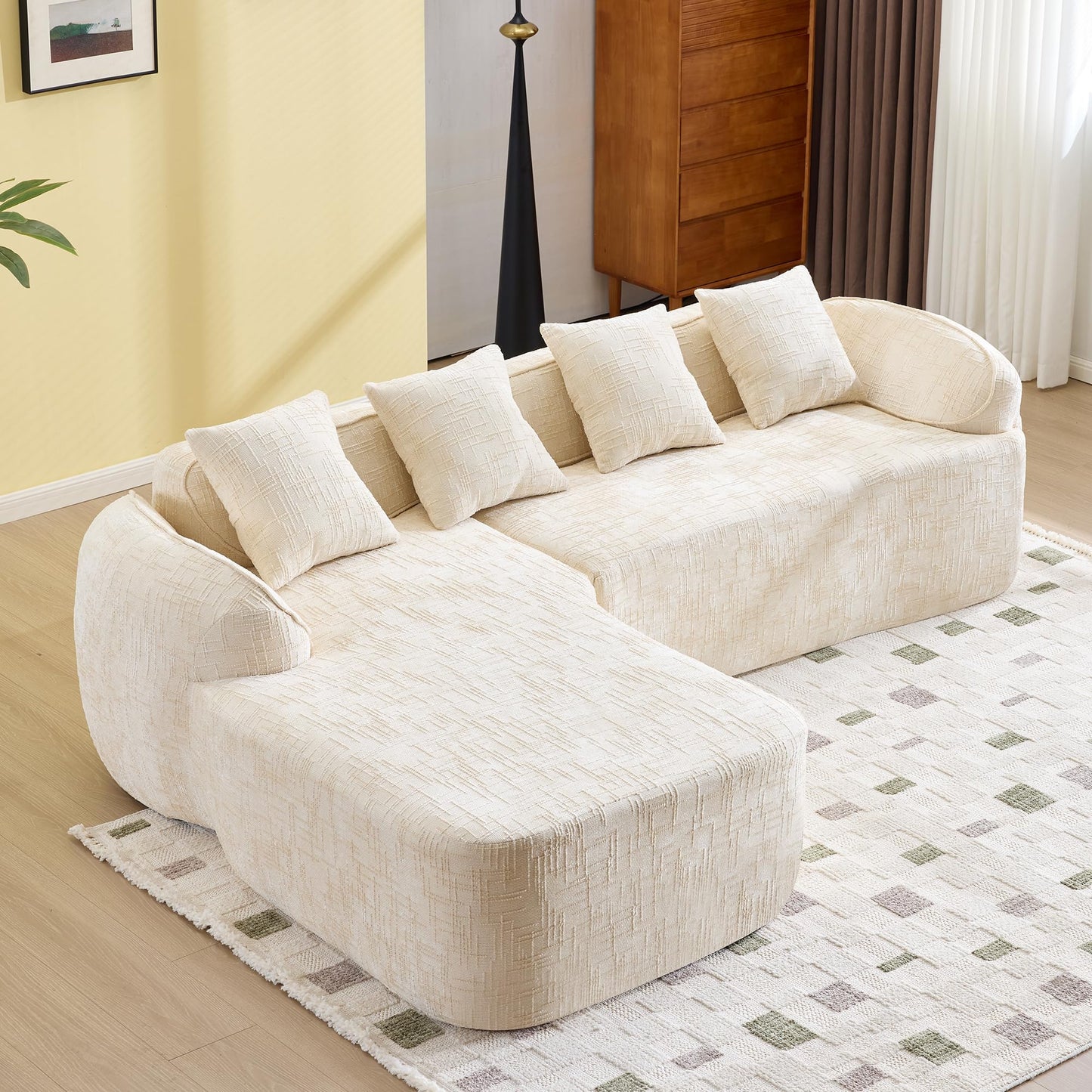 KEIKI 101.18" Cloud Sofa, Chenille L-Shape Sectional Sofa with Chaise, Four Pillows, Compressed Sofa Couch for Living Room, Guest, Bedroom, No Assembly Required, Beige