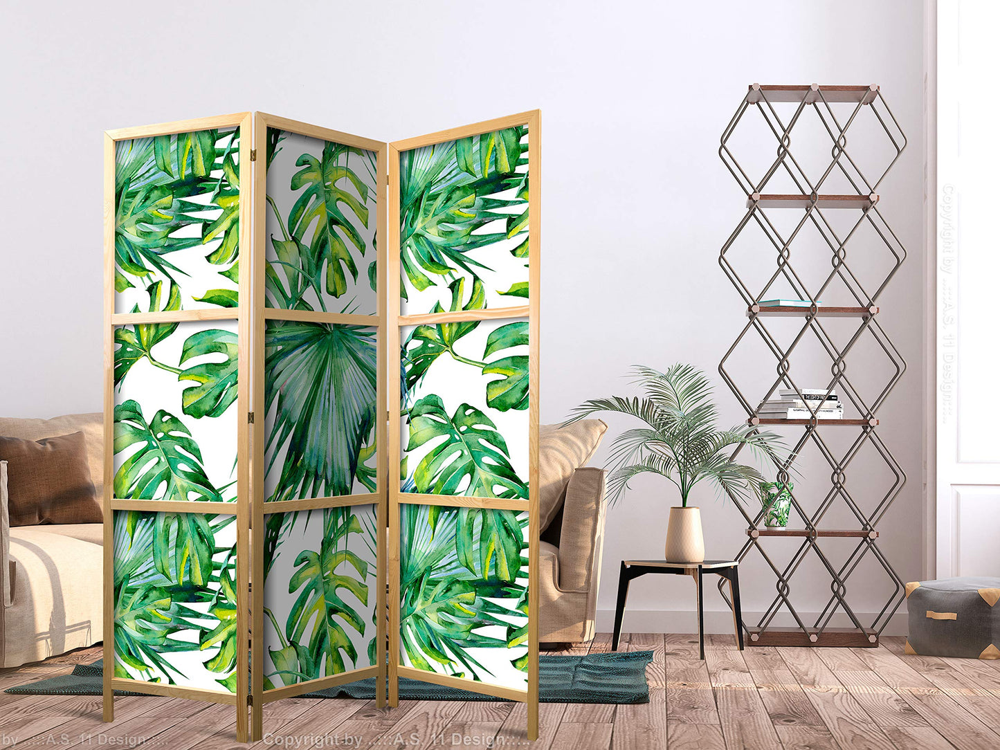 artgeist Japanese Room Divider Tropical Leaves Monstera grn 53 x 67 in - 3 Panel Folding Screen Japan Design Home Decoration Art Deco b-B-0295-z-b