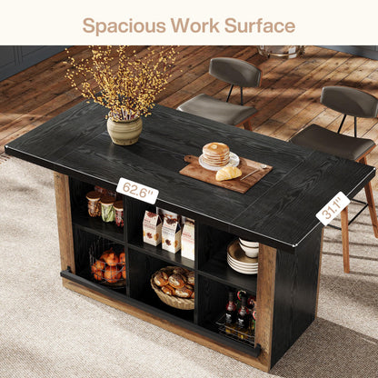 Tribesigns Kitchen Island with Storage, 62.6" Farmhouse Table with 6-Cubby Open Shelves & Metal Foot Rail, Butcher Block Style Counter Height Stationary Unit