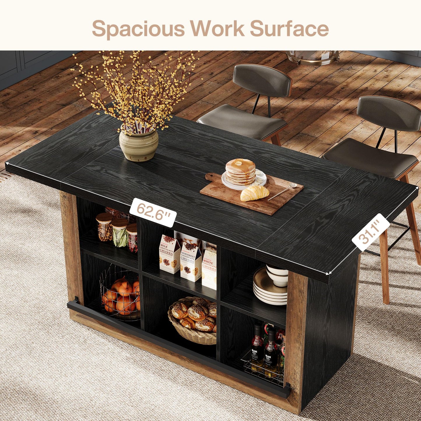 Tribesigns Kitchen Island with Storage, Counter Height Kitchen Island Table with 6 Open Cubbies and Footrests, Coffee Bar Table for Dining Room, Black&Brown
