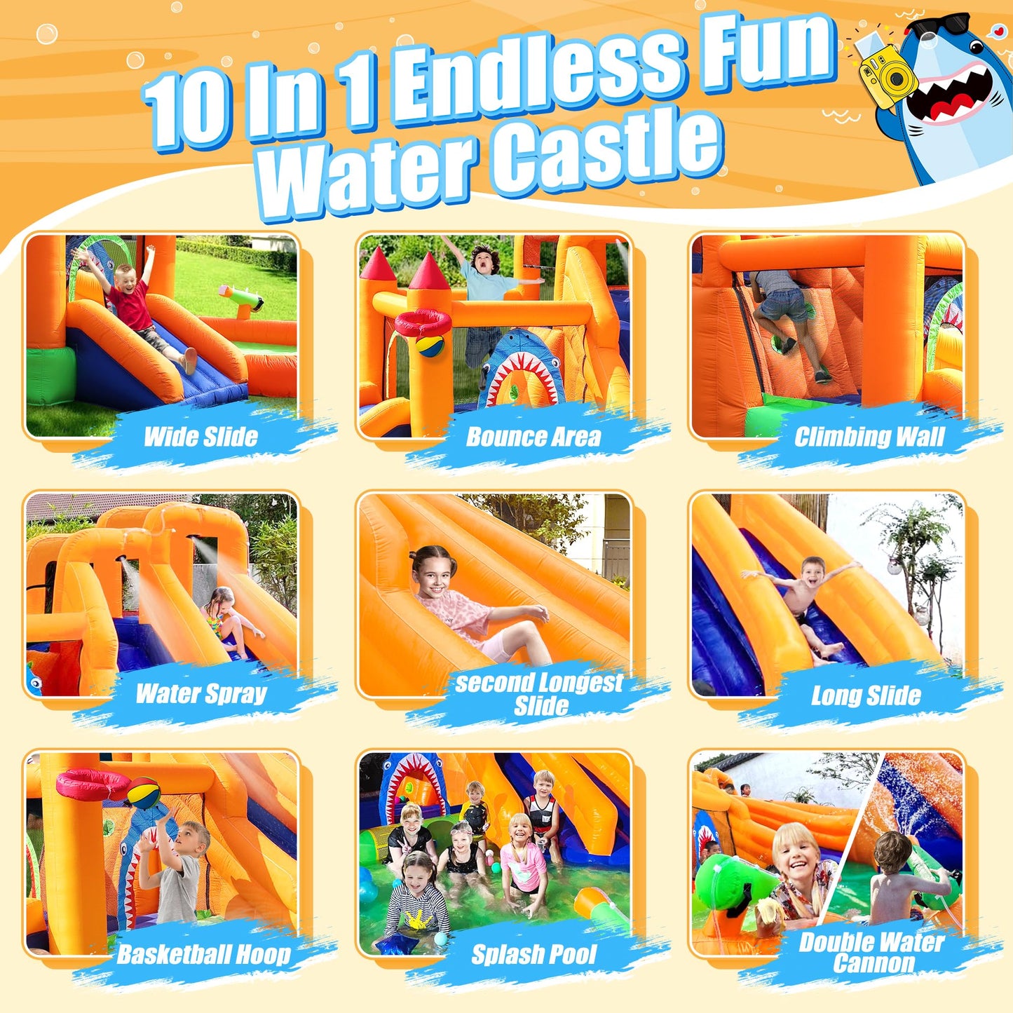 Inflatable Bounce House, Triple Water Slide for Kids with Double Cannon, Climbing Wall, Jumping, Splash Pool, Basketball Hoop for Outdoor Backyard Party, 10 in 1 Giant Castle Included 550W Air Blower