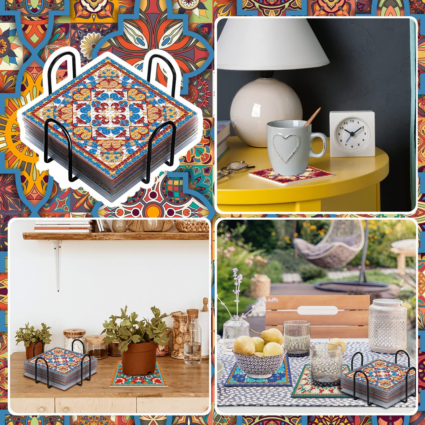 Purpeak 8 Pcs Diamond Coasters Diamond Painting Coasters DIY Mandala Kits with Holder Square Boho Paisley Art 5d Kits for Beginners Adults Craft