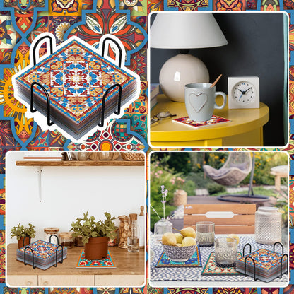Purpeak 8 Pcs Diamond Coasters Diamond Painting Coasters DIY Mandala Kits with Holder Square Boho Paisley Art 5d Kits for Beginners Adults Craft