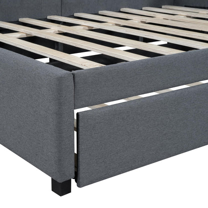 Merax Upholstered Daybed with Trundle, Gray Linen Full Size Sofa Bed Frame, No Box Spring Needed