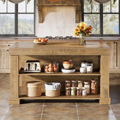 Tribesigns 55" Kitchen Island with Seating and Storage, 3-Tier Farmhouse Wood Stationary Island Table with Large Worktop & Leg Room, Coffee Bar Table with Storage Shelves for Kitchen, Natural Brown