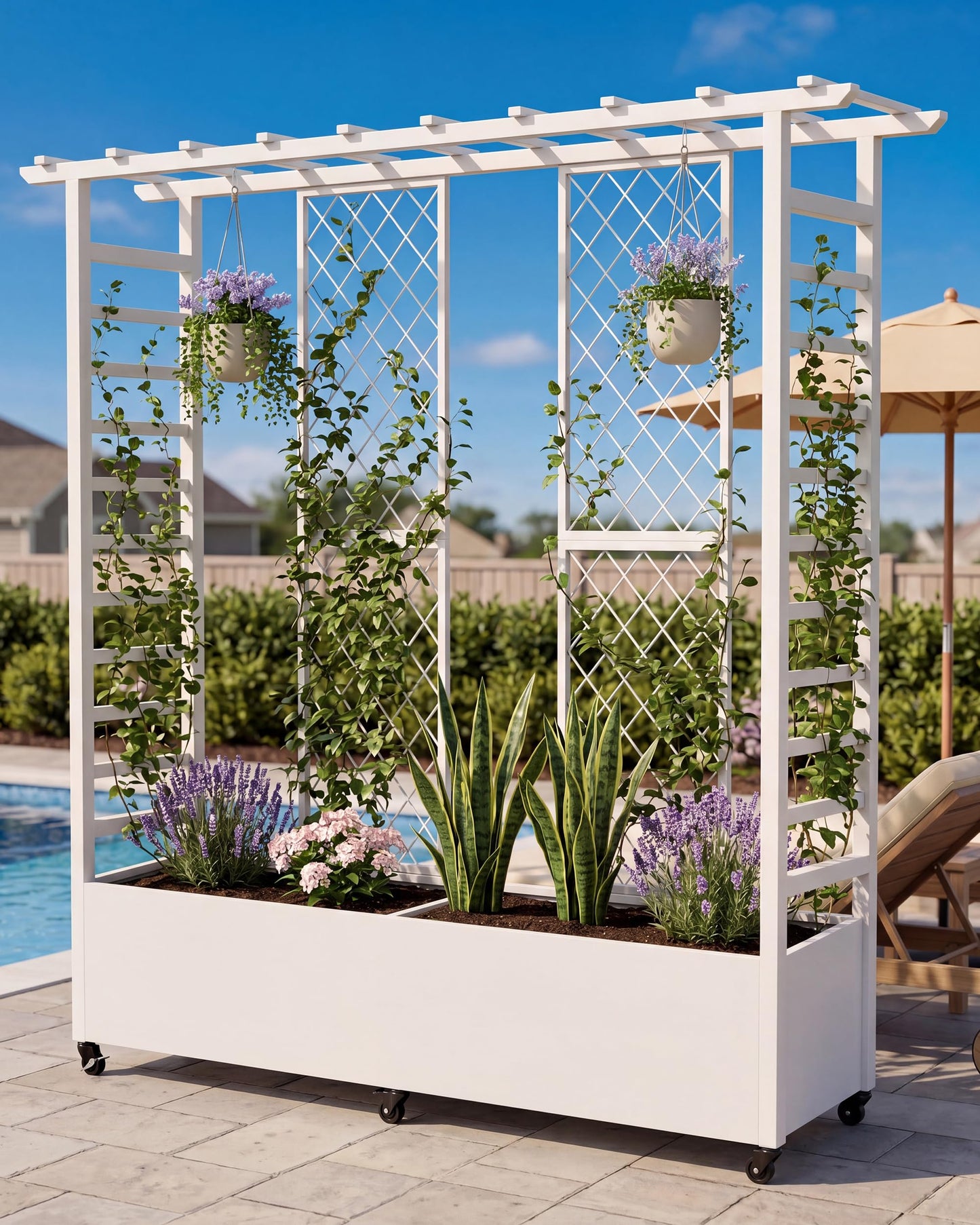 TinFrey Metal Raised Garden Bed with Trellis, 77" Double Planter Box with Pergola Top & Diamond Lattice, 6 Wheels (4 Lockable), Outdoor Trellis Planter for Climbing Plants Vines Flowers, White