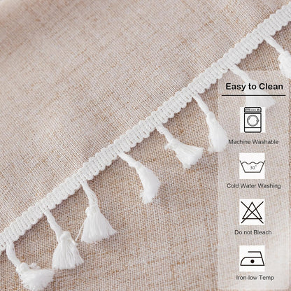 24 Inch Linen Small Round Tablecloth Beige Washable Wrinkle Resistant Table Cover with Tassels Farmhouse Decorative