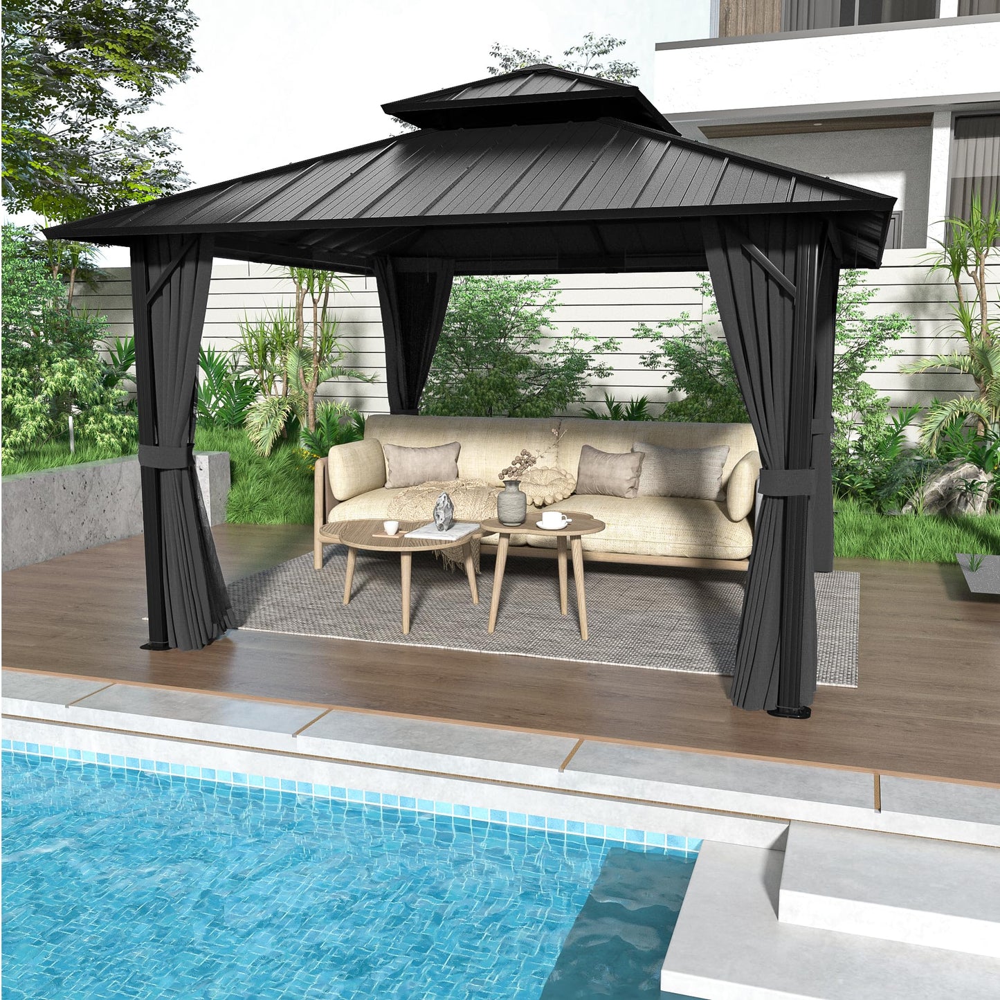 LUXIJOY 12' x 12' Hardtop Gazebo, Aluminum Frame with Double Galvanized Steel Roof, Outdoor Metal Gazebo with Netting & Curtains for Backyard, Garden, or Deck, Grey