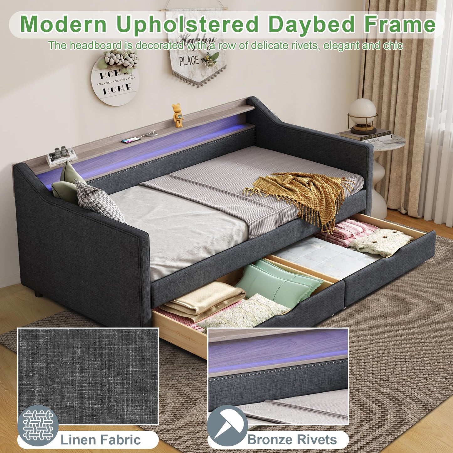Ball & Cast Twin Size Daybed Frame with Storage Drawers and 2-Tier Shelf,Modern Linen Upholstered Sofa Bed w/Charging Station,Smart LED Light,Wood Slats Support,for Livingroom,Apartment,Dark Grey