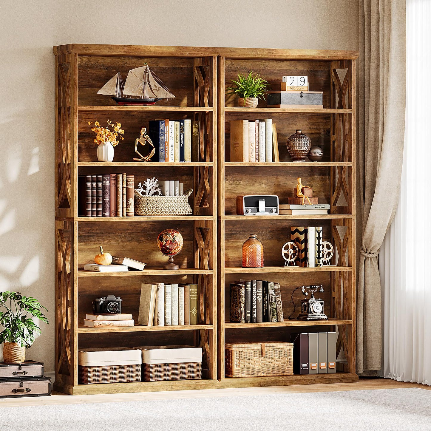 Tribesigns 6-Tier Bookshelf, 71 Inches Tall Freestanding Bookcase, Large Industrial Bookshelves Display Shelves, Wooden Book Shelf for Home Office, Living Room, Bed Room, Rustic Brown, 2pcs
