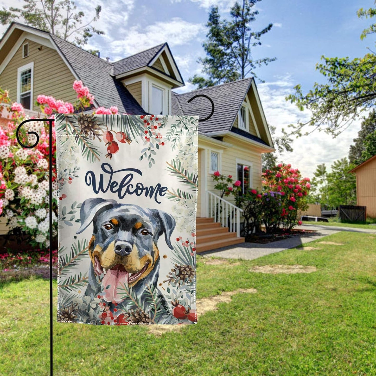 Welcome Rottweiler and Winter Flower Home Flag, 12 x 18 Inch Double-Sided Outdoor Yard Decorative Garden Flag
