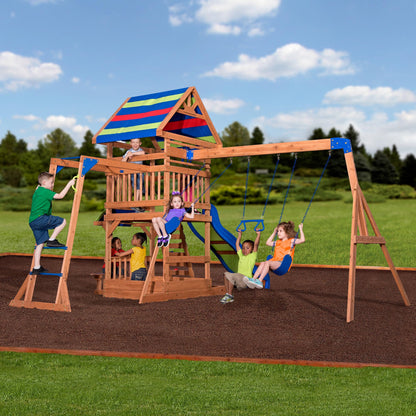 Backyard Discovery Beach Front Cedar Wood Swing Set with Wave Slide, Play Deck, Monkey Bars, Rock Wall Ladder, Shaded Picnic Area, Snack Bar, Belt Swings, Trapeze, Sandbox Area, Outdoor Playset