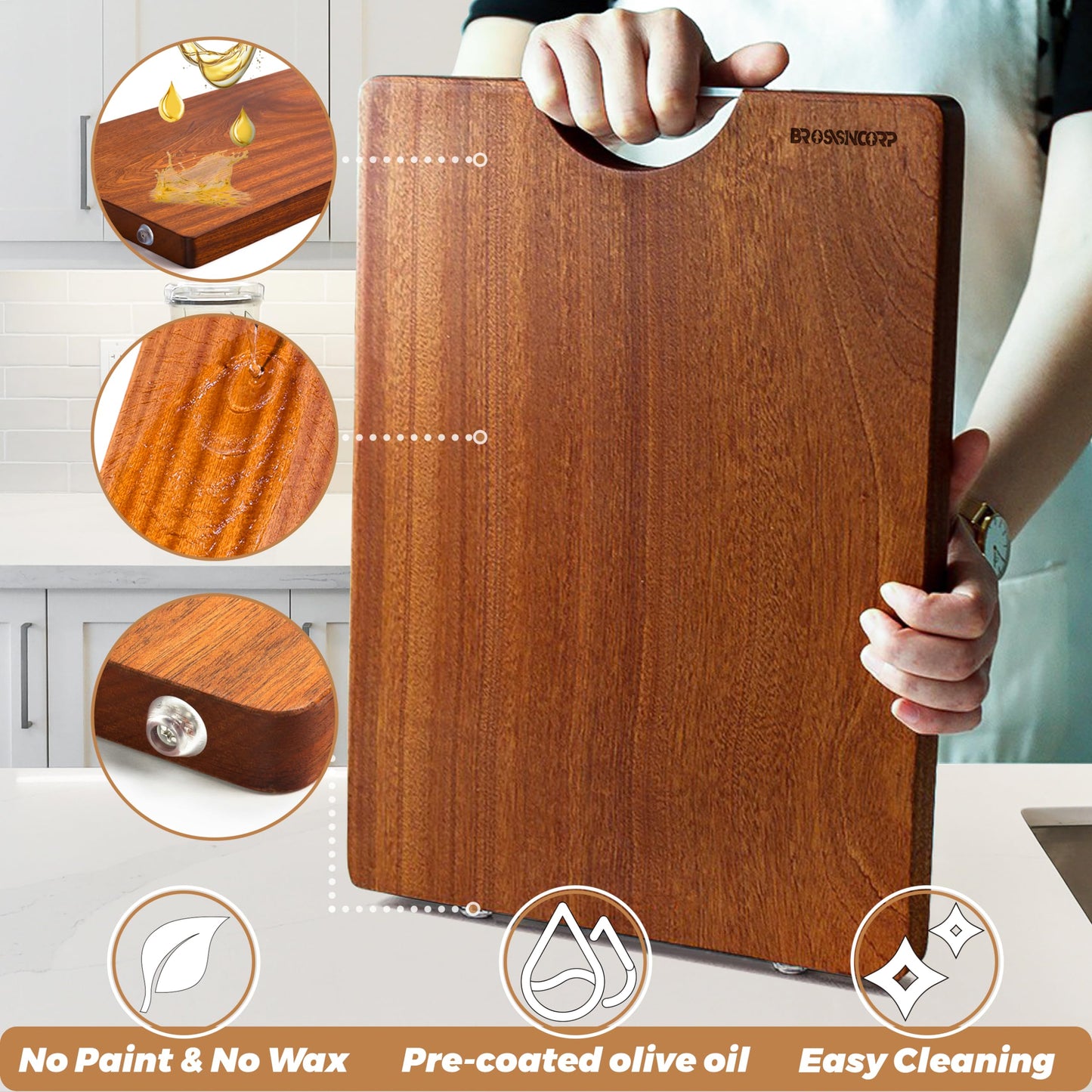Brosisincorp Real Solid Sapele Cutting Board One Piece No Glue Non Toxic All Whole Single Wood Butcher Block Thick Hard Wood Heavy Duty Edge Grain (Medium, 14.96"L*11.02"W*0.98"Th)