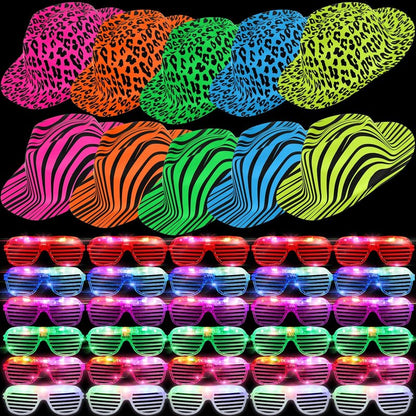 60 Set Party Hats Glasses Including 30 Neon Animal Print Plastic Hats and 30 Flashing LED Light up Glasses for Adult Birthday Bachelorette Party Props