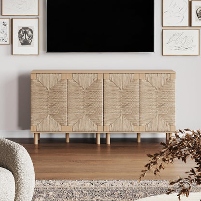 Nathan James Beacon Boho TV Stand, Free Standing Kitchen Cabinet Storage with Adjustable Interior Shelf and Seagrass Accent, Seagrass/Raw Oak, Set of 2