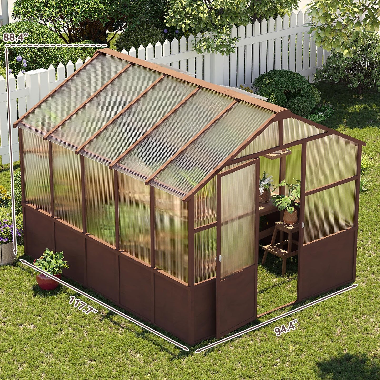 8x10 FT Outdoor Wood Greenhouse, Heavy Duty Solid Pine Wooden Walk-in Green House with 6MM Thick Polycarbonate Panels, Adjustable Roof Vents and Lockable Door, Garden House for Backyard Patio Lawn