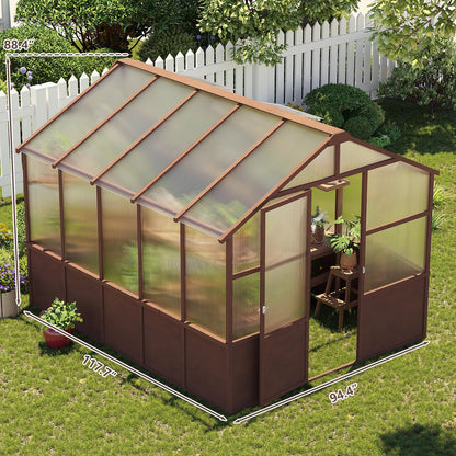8x10 FT Outdoor Wood Greenhouse, Heavy Duty Solid Pine Wooden Walk-in Green House with 6MM Thick Polycarbonate Panels, Adjustable Roof Vents and Lockable Door, Garden House for Backyard Patio Lawn