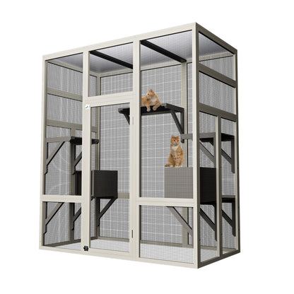 70" Large Outdoor Catio Cat Enclosure, Wood Cat Patio with Waterproof UV-Resistant Roof, Cats Shelter with 5 Platforms and 2 Resting Box, and Secure Rust-Proof Wire for Backyard or Patio