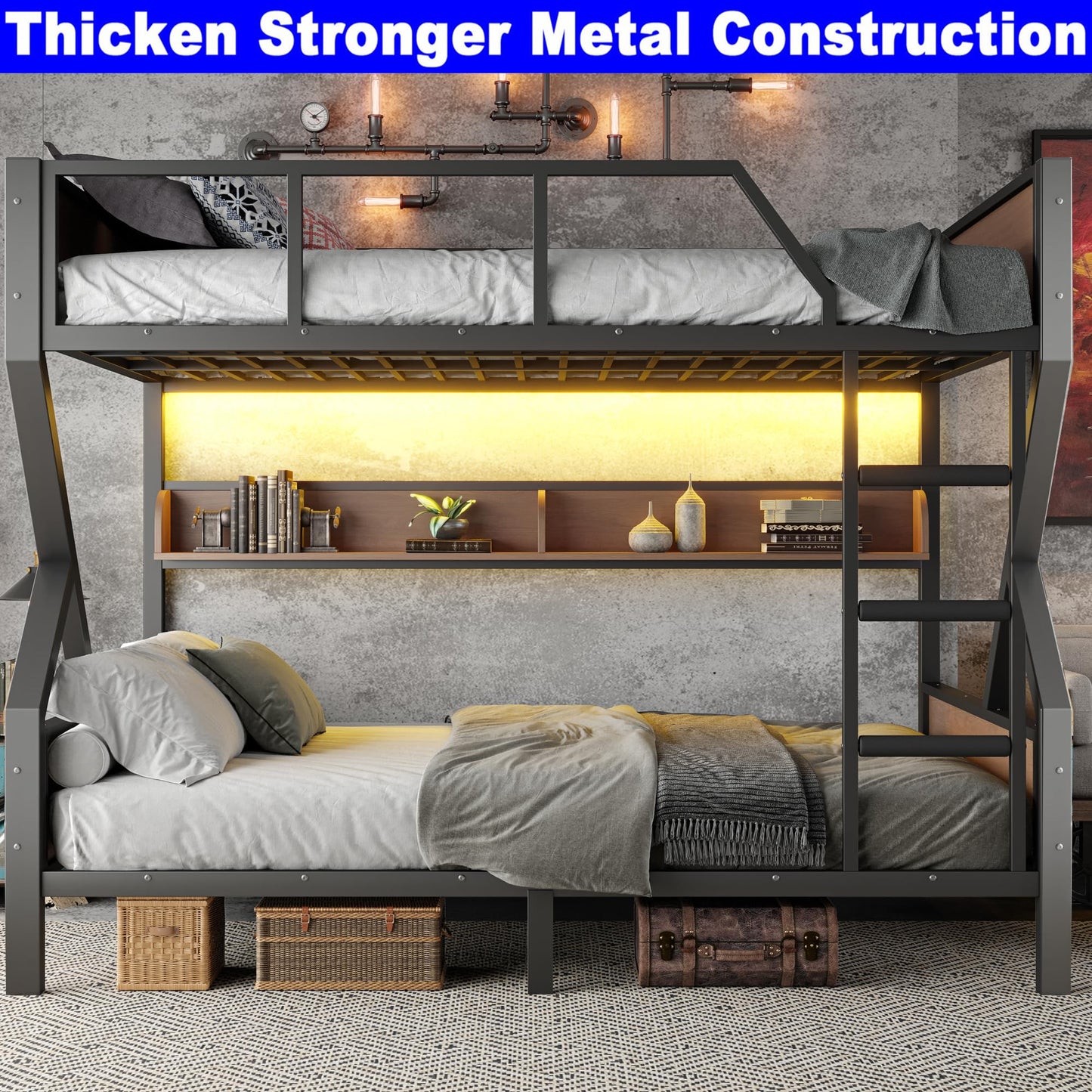 SIMPLEZC Upgraded Version Heavy Duty Thicken Metal Queen Over Queen Bunk Bed with Storage Shelves and Lights, Best Industrial Style Bunk Bed Frame with Wood Board for Adults (Queen Over Queen)