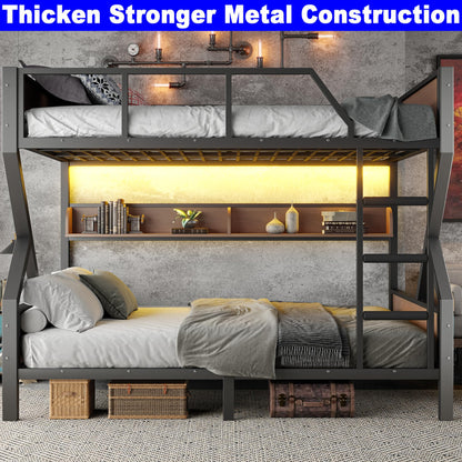 SIMPLEZC Upgraded Version Heavy Duty Thicken Metal Queen Over Queen Bunk Bed with Storage Shelves and Lights, Best Industrial Style Bunk Bed Frame with Wood Board for Adults (Queen Over Queen)