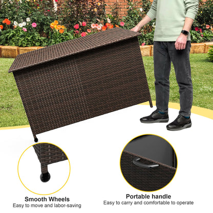MilleLoom 185 Gallon Outdoor Storage Box with Wheels - Large Wicker Rattan Deck Box for Patio Cushions, Garden Tools, Pool Floats & Pillows, All-Weather Patio Furniture Storage, Brown