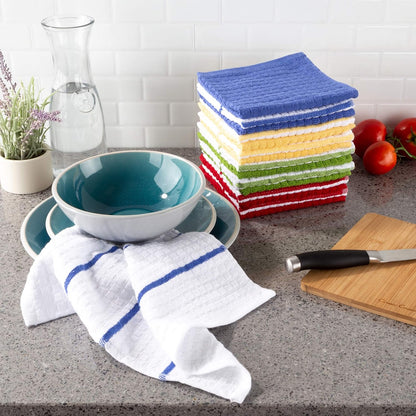 Kitchen Dish Set of 16 - 100% Cotton Wash Cloths, Waffle Weave in 4 Colors for Cleaning by BH