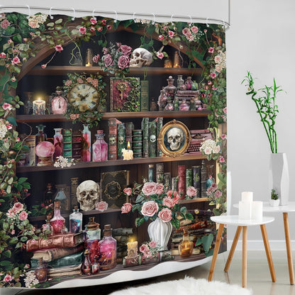 60Wx72H 12 Pack Gothic Skull Shower Curtain Witchy Spooky Pink Rose Vintage Retro Wizard Magic Bookshelf Succulent
