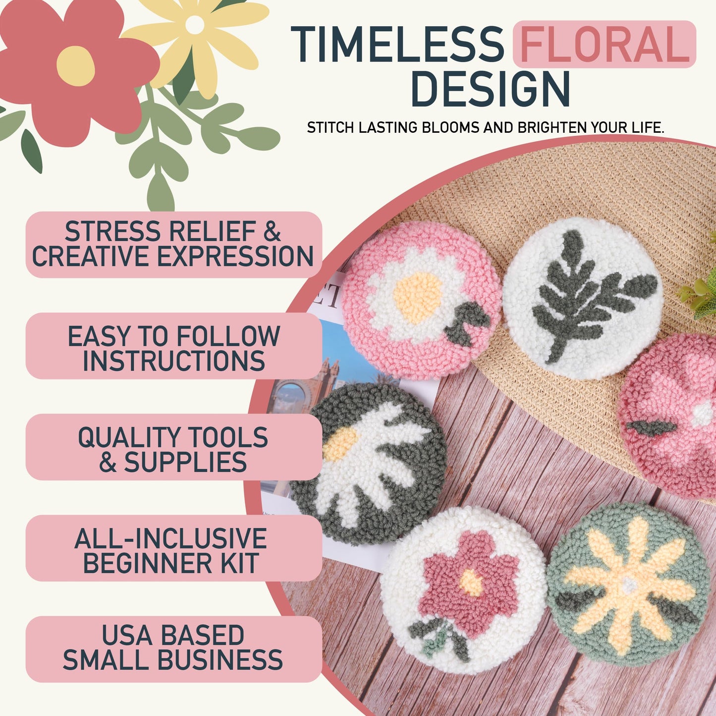 Emri Lane Punch Needle Kit – 6 Floral Design Punch Needle Embroidery Kit w/Monk Cloth, Embroidery Hoop, Yarn & More - Essential Punch Needle Supplies for Crafters - Ideal Punch Art for Beginners