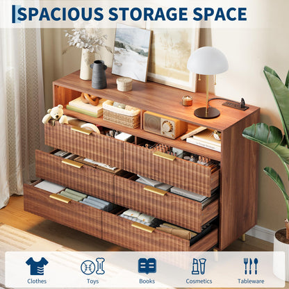 6 Drawers Dresser for Bedroom, 53.9" Wide Dressers with LED Lights and Charging Station, Curved Profile Design, Fluted Wood Drawers with Gold Handle, Modern Chest of Dressers for Living Room, Walnut