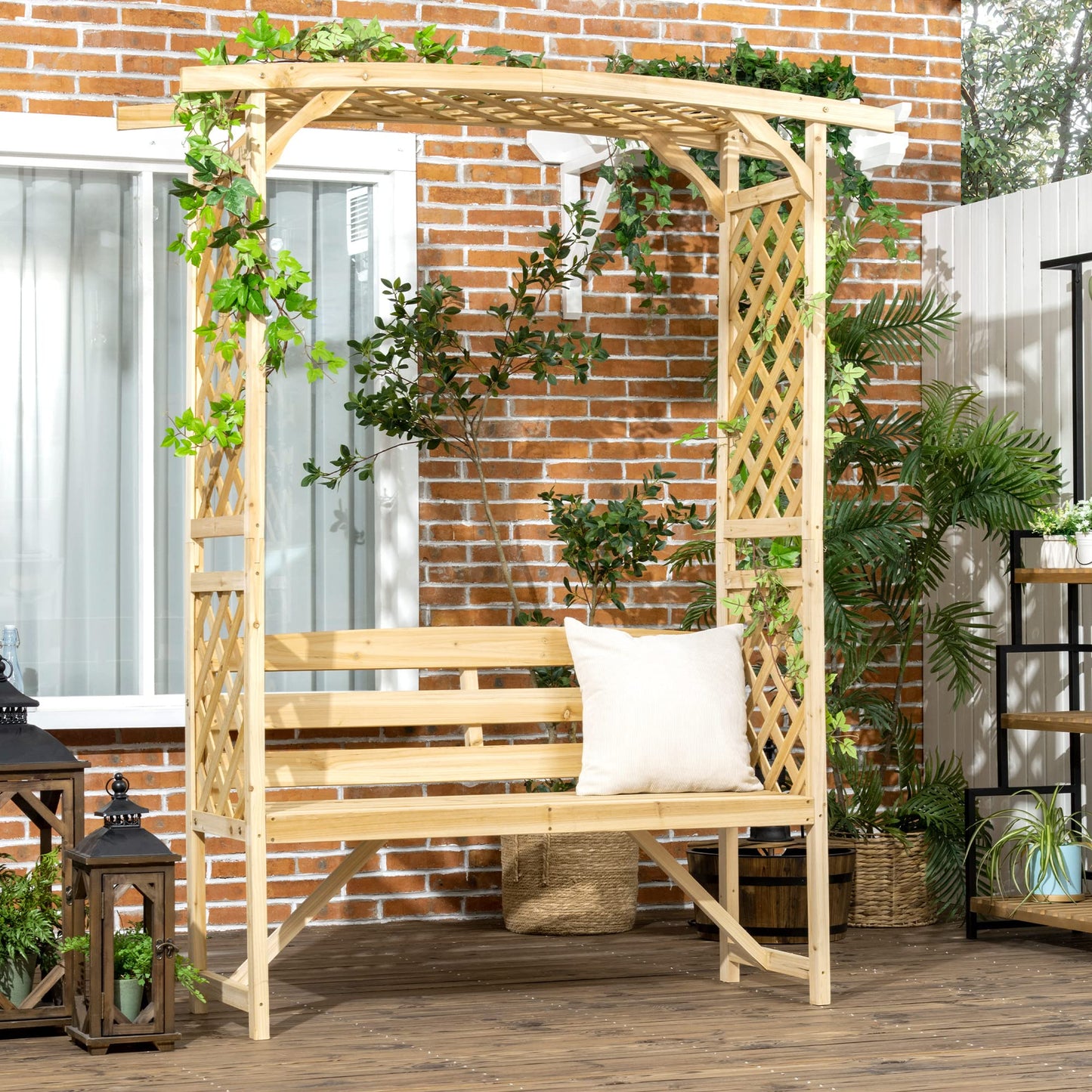 OVX Patio Garden Bench Arbor Arch with Pergola & 2 Trellises, 3-Seat Natural Wooden Outdoor Bench for Grape Vines & Climbing Plants – Backyard Decor, Natural