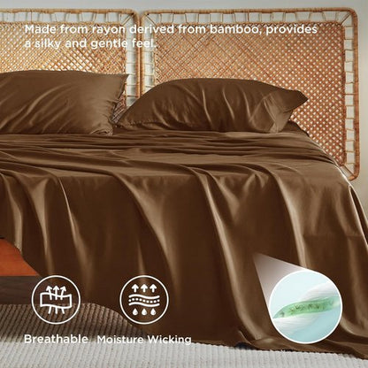 Bedsure Cooling Bed Sheets - Soft & Breathable Rayon from Bamboo | Full Size, Deep Pocket Up to 16 Inches, Brown