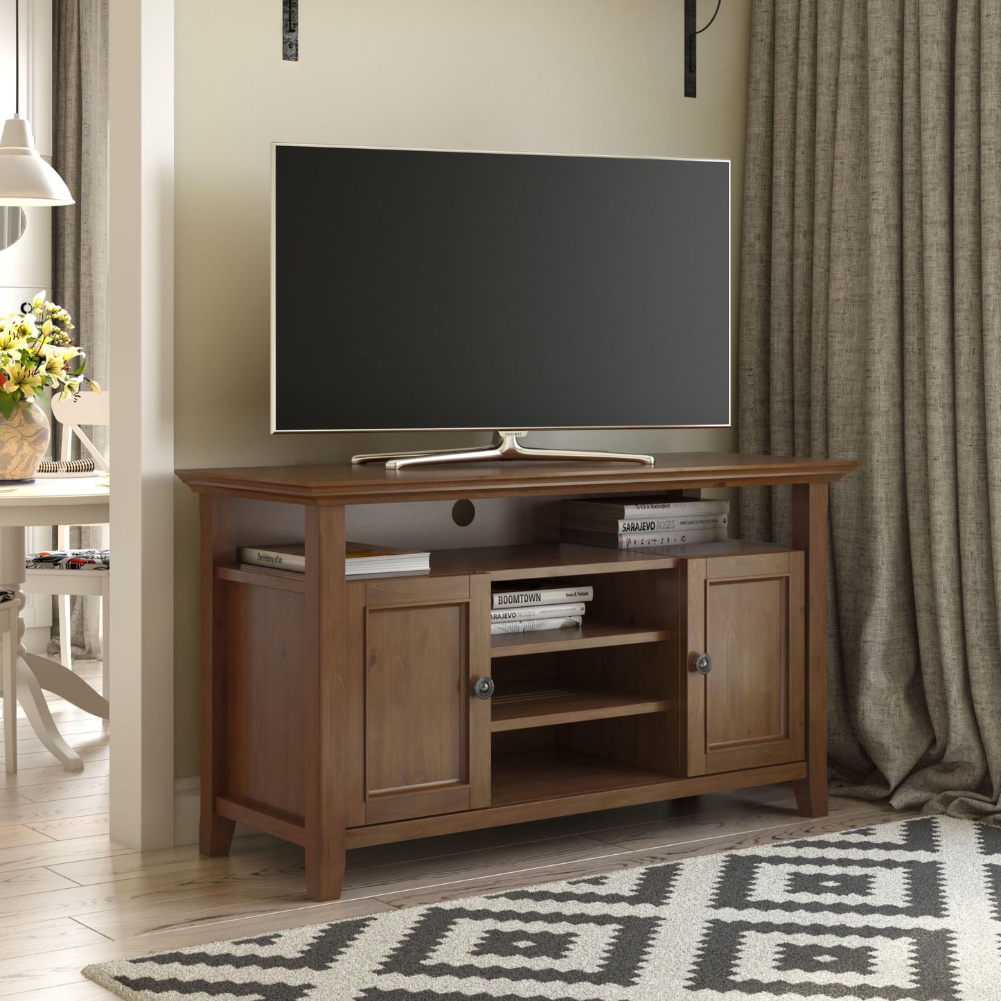 SIMPLIHOME Amherst TV Stand - 54 inch Wide Solid Wood Media Console in Medium Saddle Brown, Transitional Entertainment Center for Living Room for TVs up to 60 Inches with Shelves and Cable Management