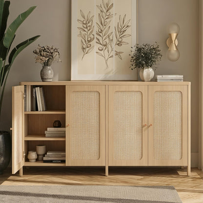 KISLOT 63" Rattan Buffet Cabinet with Storage, Sideboard with Adjustable Shelf, Accent Kitchen Floor Storage Cabinet with 2 Doors, Coffee Bar for Living Room, Entryway, Natural Oak(2 Box)