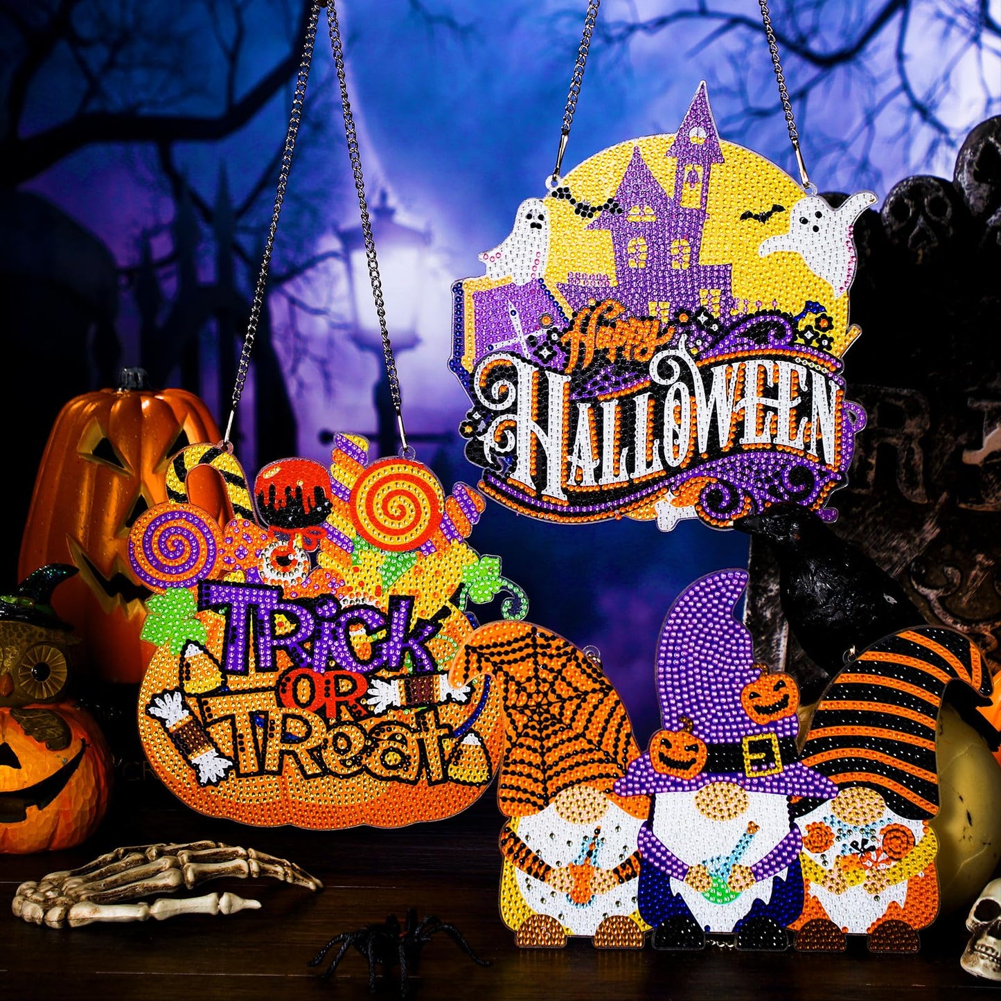 Chiisong 6 Pcs Halloween Diamond Art Painting Kits Hanging Sign Set Witch Pumpkin Gnome Glow in The Dark Diamond Art Painting Kits Halloween Hanger Adult 5d DIY Craft for Wall Door Window Porch Decor