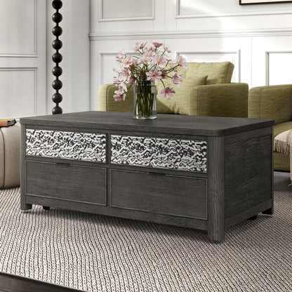 Furniture of America Selyra Modern Contemporary Solid Wood 46-inch Lift-top Rectangular Coffee Table with Dented Stainless Steel Accents, Wire Brush and Ball-Bearing Glides for Living Room, Ash Gray