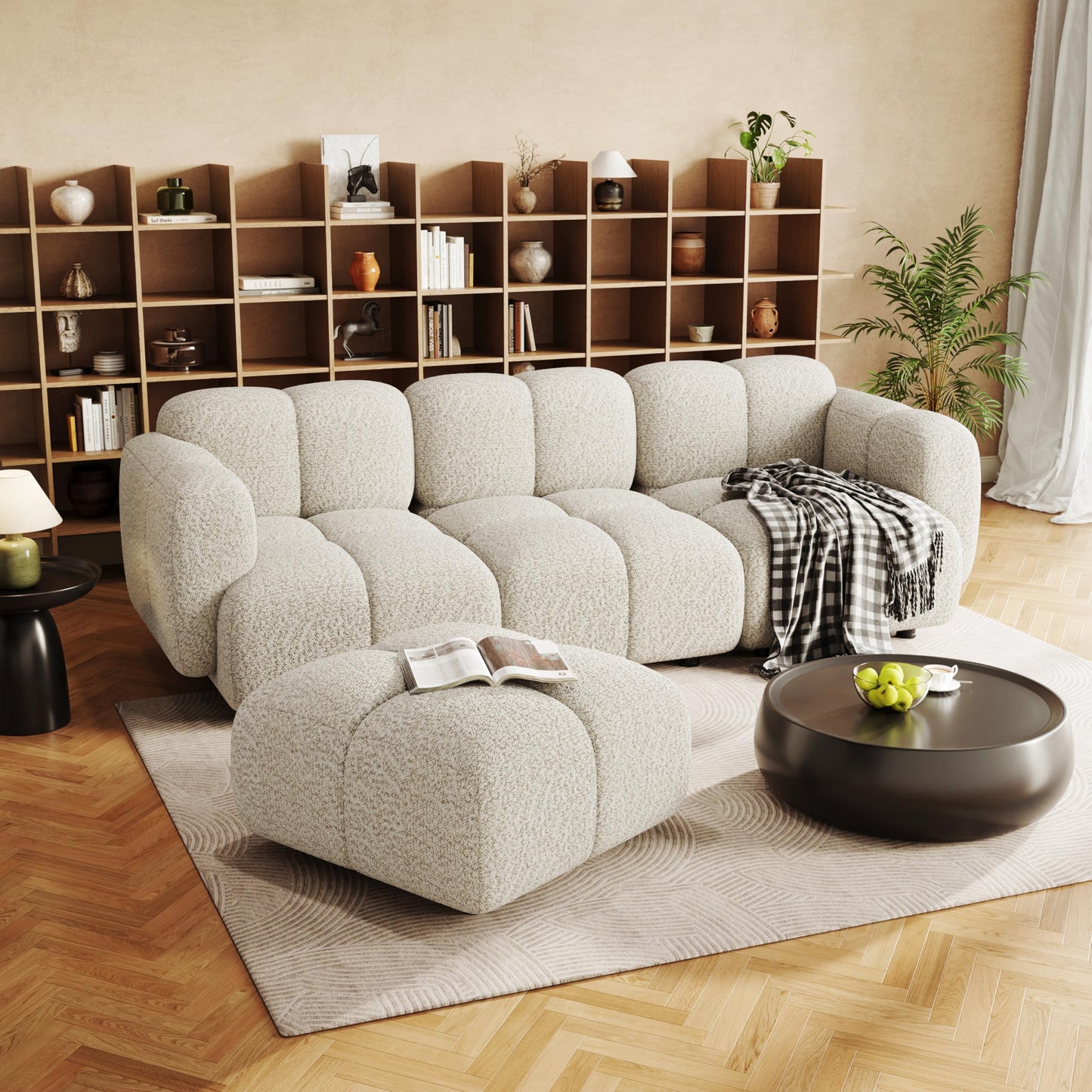 Christopher Knight Home Simi Modular L-Shaped Sofa Couch with Movable Ottoman, Boucle Upholstered Modular Sectional Sofa with Footrest, Modern Home Sofa Living Room, Comfy Cloud Couch, Beige