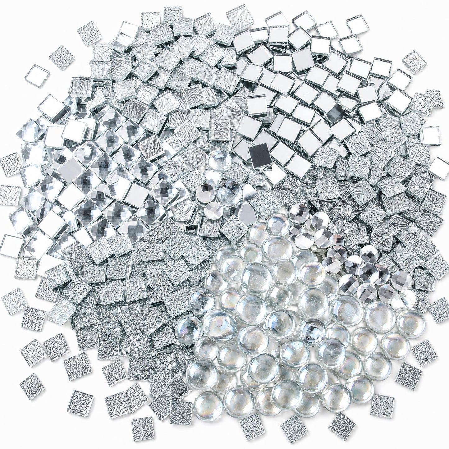 CHICSHIS 1000g Real Mirror Glass Mosaic Tiles for DIY, Silver Textured Square Tiles (15mm) with Iridescent Glass Gems, Mixed Shapes Stained Glass Set for Mosaic Art & Home Décor Projects
