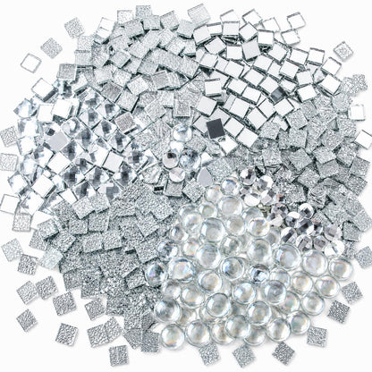 CHICSHIS 1000g Real Mirror Glass Mosaic Tiles for DIY, Silver Textured Square Tiles (15mm) with Iridescent Glass Gems, Mixed Shapes Stained Glass Set for Mosaic Art & Home Décor Projects