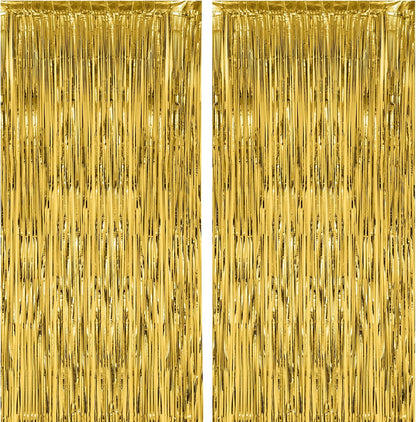 Voircoloria Gold Foil Fringe Backdrop Curtains - 2 Pack Tinsel Streamers for Parties & Celebrations