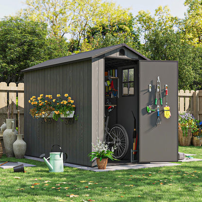 Patiowell 4x8 FT Plastic Outdoor Storage Shed with Floor, Garden Tool Shed with Two Windows and Single Lockable Door for Garden, Backyard, Lawn, Easy to Install, Dark Grey