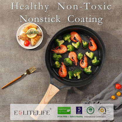 ESLITE LIFE Nonstick Deep Frying Pan Skillet with Lid, 9.5 Inch Healthy Granite Coating (Black)
