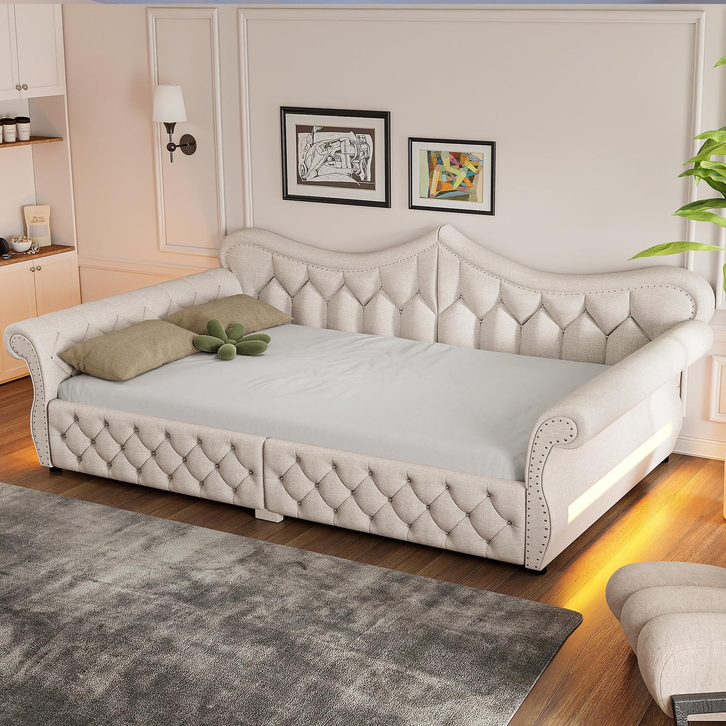Merax Queen Size Upholstered Daybed with LED Lights & Nail Head Decoration,Convertible Sofa Bed with Tufted Diamond Upholstery,Rolled Armrests,No Box Spring Needed for Living Room,Beige