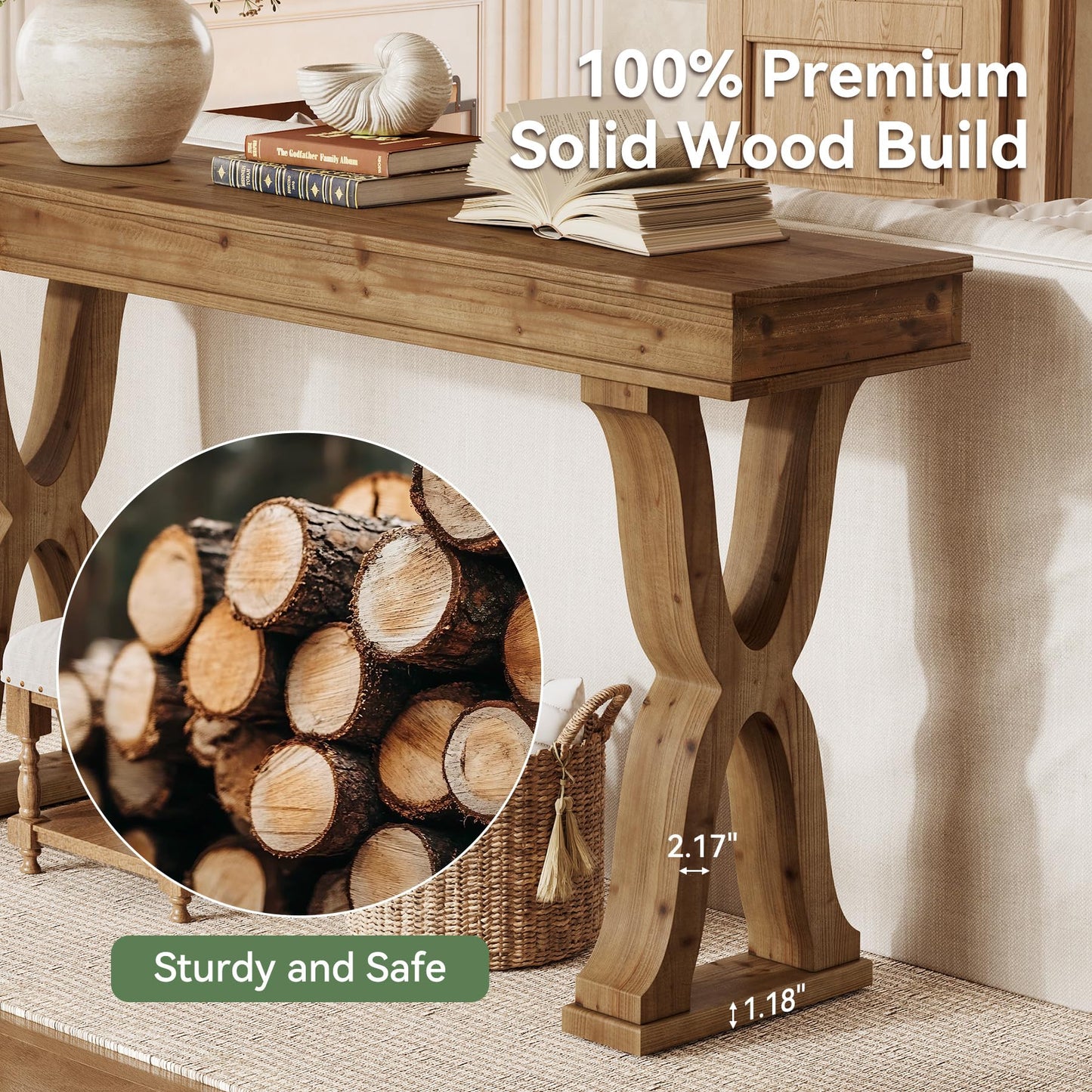 TRIBEWOOD 63-Inch Solid Wood Console Table, Farmhouse Entryway Table with X-Shaped Legs, Long Sofa Table for Living Room, Hallway, or Foyer, Easy Assembly, Anti-tip Kits