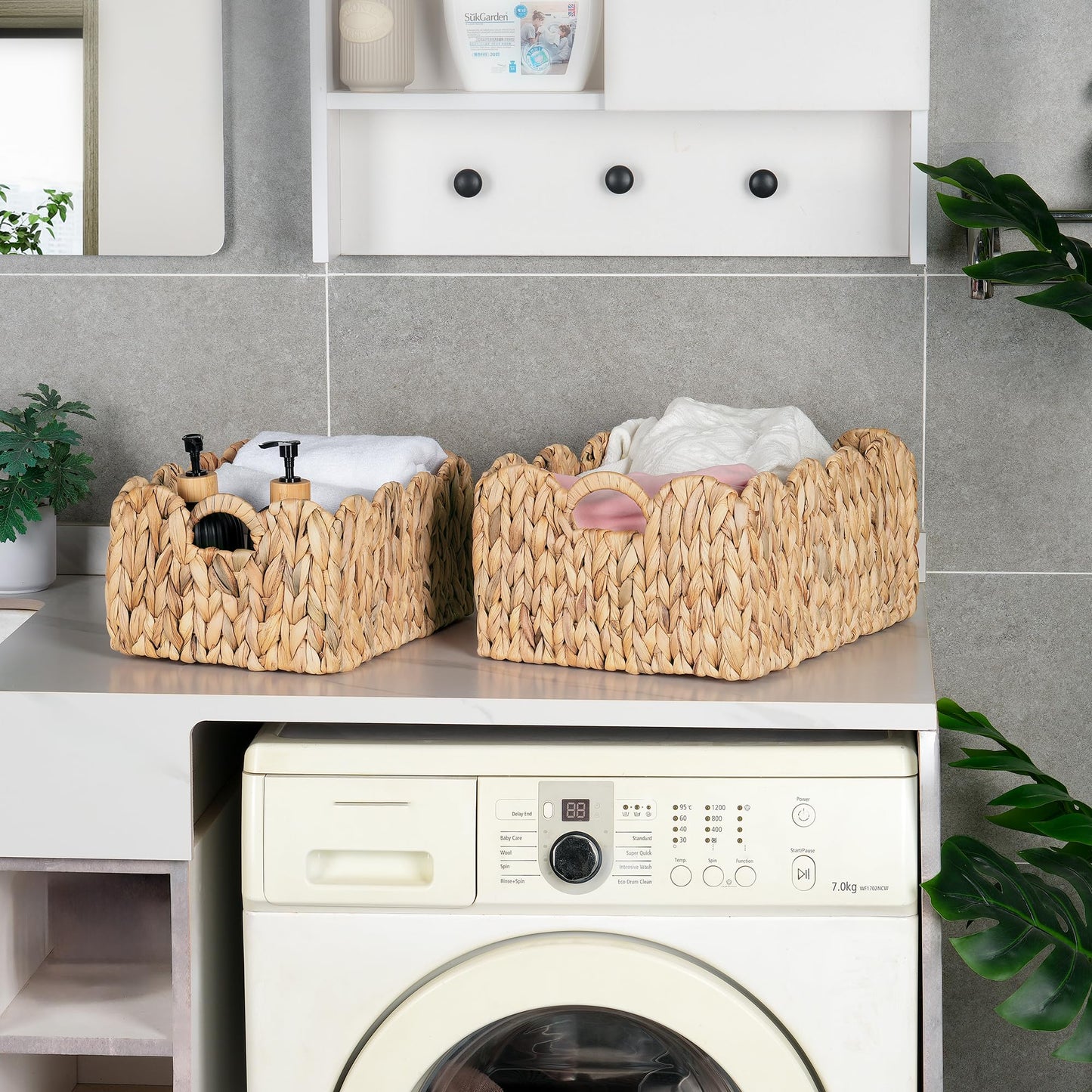 iEGrow Scalloped Wicker Basket, Set of 2 Woven Rattan Natural Water Hyacinth Baskets with Built-in Handles, Rectangle Storage Baskets for Organizing, Decor, Shelf and Nursery Room
