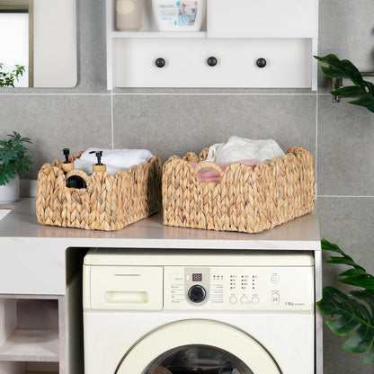iEGrow Scalloped Wicker Basket, Set of 2 Woven Rattan Natural Water Hyacinth Baskets with Built-in Handles, Rectangle Storage Baskets for Organizing, Decor, Shelf and Nursery Room