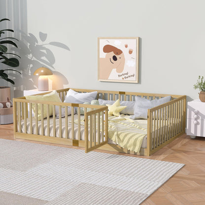 KEIKI Montessori Full Floor Bed with 21.5" High Fence, Revolving Door & 6 Slats, Rubber Wood Floor Bed Frame for Kids, Easy Assembly, Natural