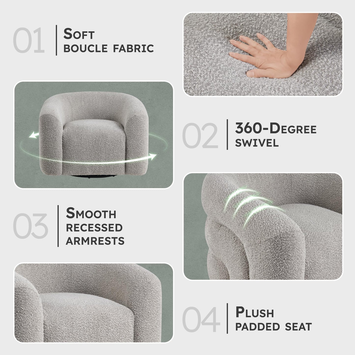 Lexicon Modern Swivel Accent Chair, Cozy Boucle Arm Chair with Plush Curved Back, Soft Stitching Cushions for Living Room/Bedroom/Office, Fully Assembled, Gray