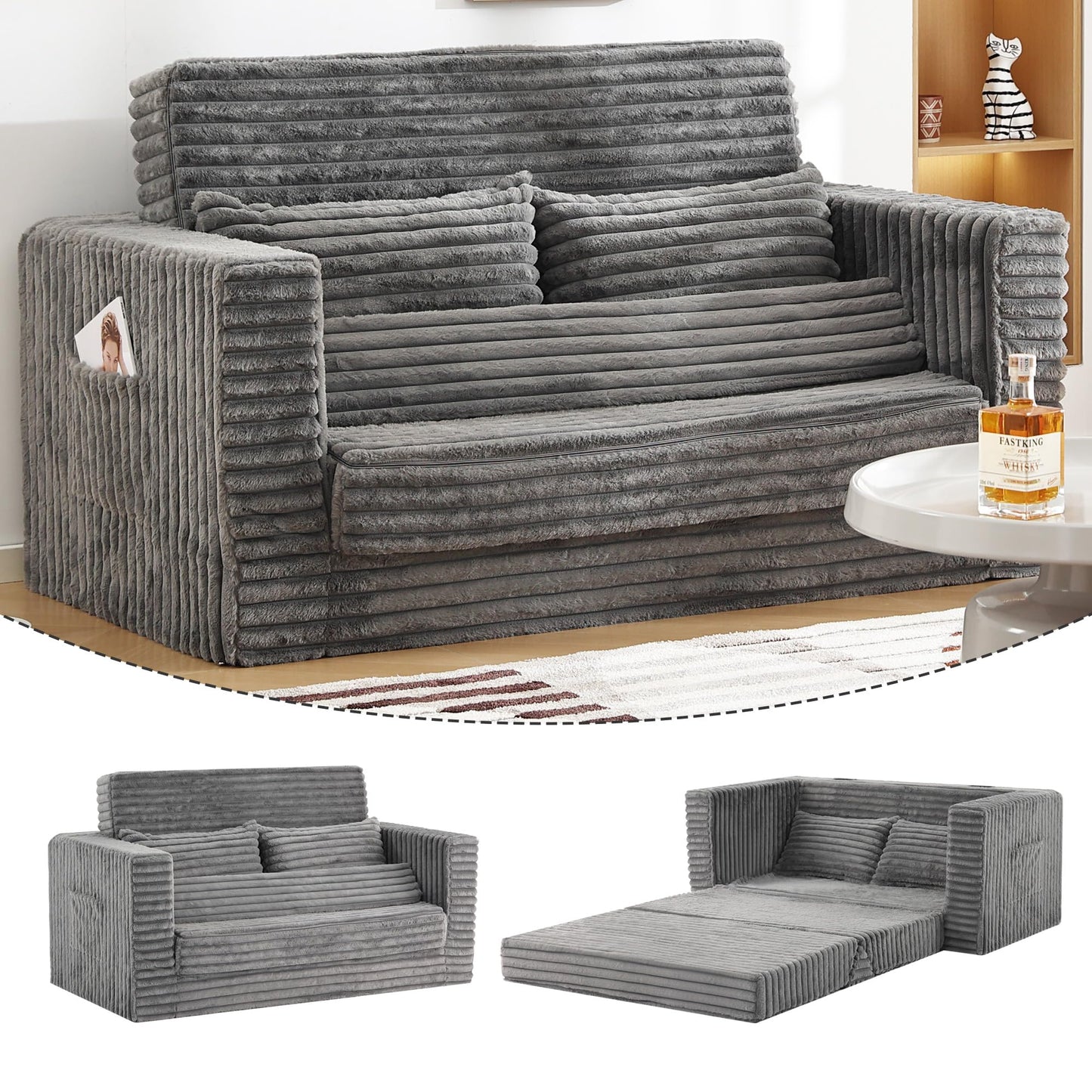 Welnow Double Convertible Sofa Bed with Multi-Function Triangle Ottoman, 59" Boneless 2-in-1 Foldable Loveseat Couch, Fold-Out Sleeper Lounge for Small Apartments, Dorms, Guest Rooms, Grey