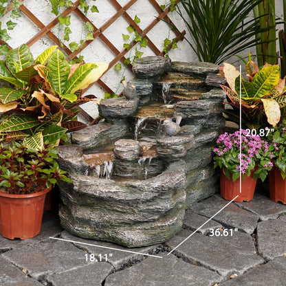YZM 36.61" L Cascading Outdoor Water Fountain with LED Lights 5-Tier Resin Rock Waterfall Fountain for Garden, Patio, Yard or Indoor Decor