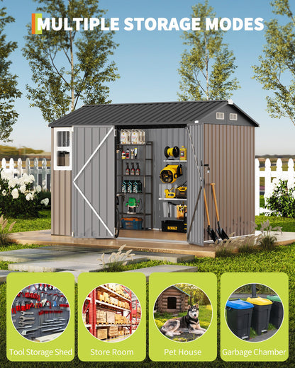 8x6 FT Outdoor Storage Shed with Window and Solar LED Light, Waterproof Metal Garden Tool Shed with Lockable Door, Vented Sloped Roof for Backyard Patio Lawn, Brown